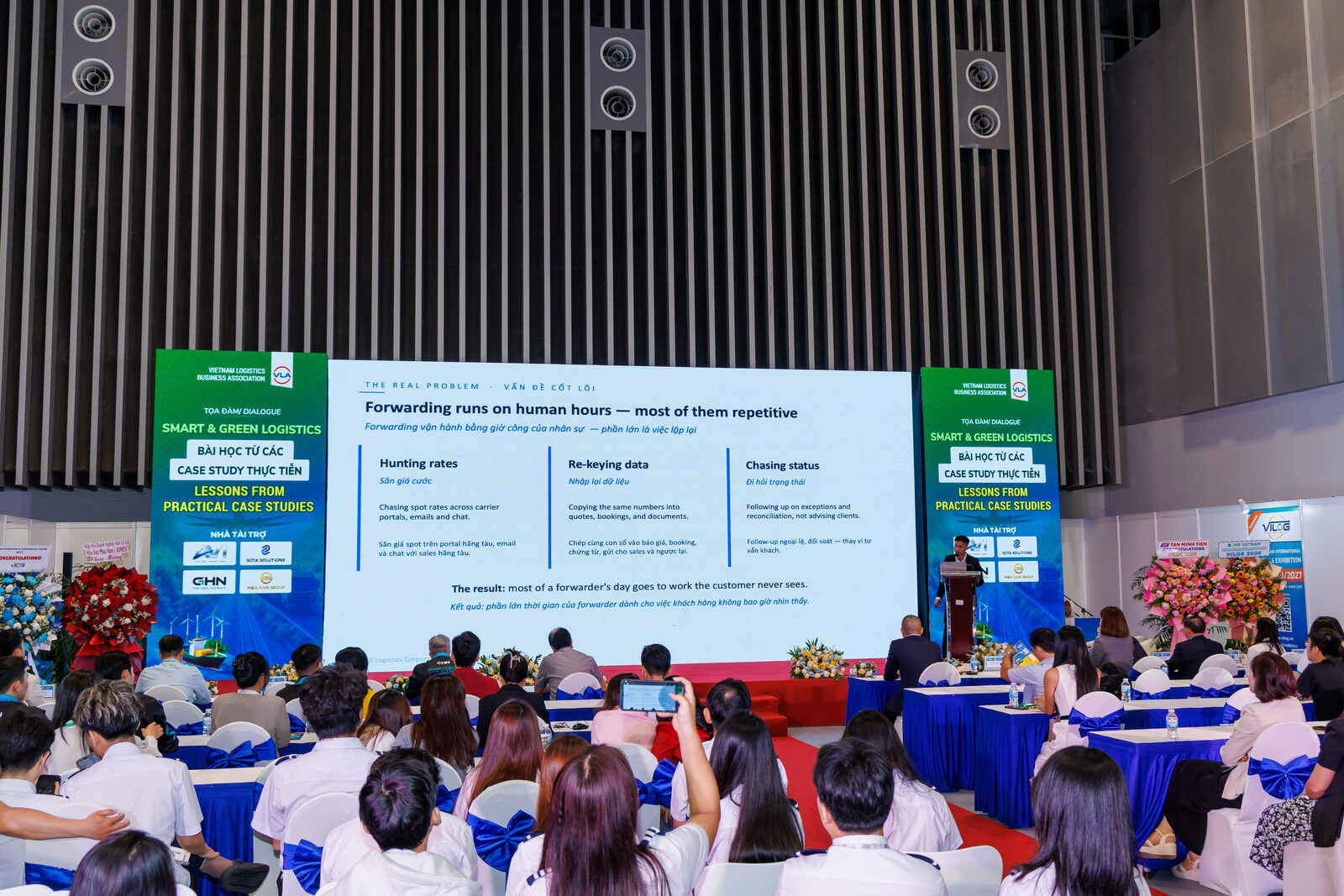 Slide phân tích ba nhóm công việc lặp lại trong vận hành forwarding: săn giá cước, nhập lại dữ liệu, đi hỏi trạng thái